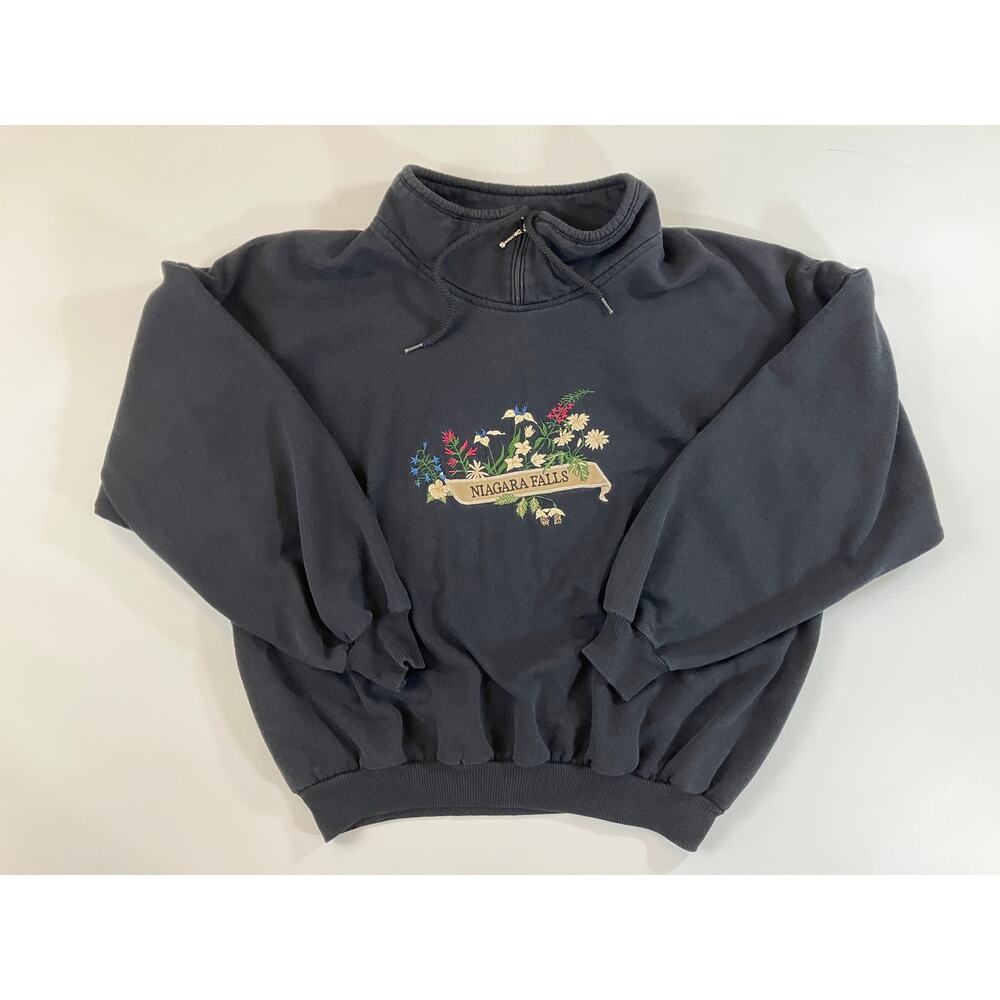 Vintage Niagara Falls Canada Cityscape Hoodie L Black Embroidered Quarter Zip